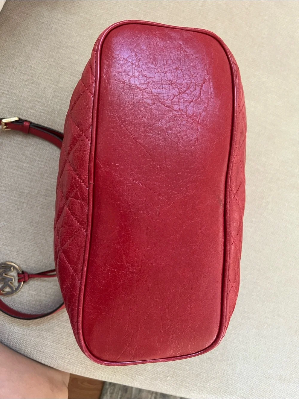 Michael Kors Quilted Red Leather Drawstring Hobo with Gold Chain